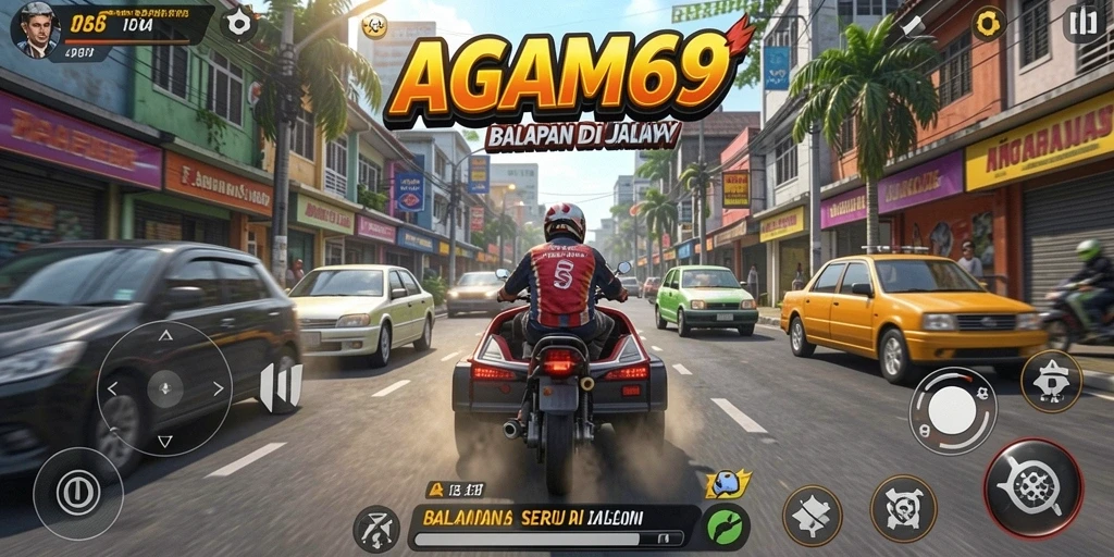 Screenshot gameplay AGAM69 menampilkan mobil balap melaju kencang di trek menantang.