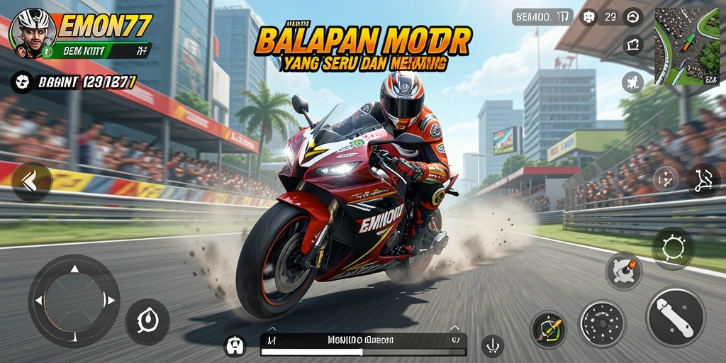 Tampilan gameplay seru dalam balapan motor EMON77.