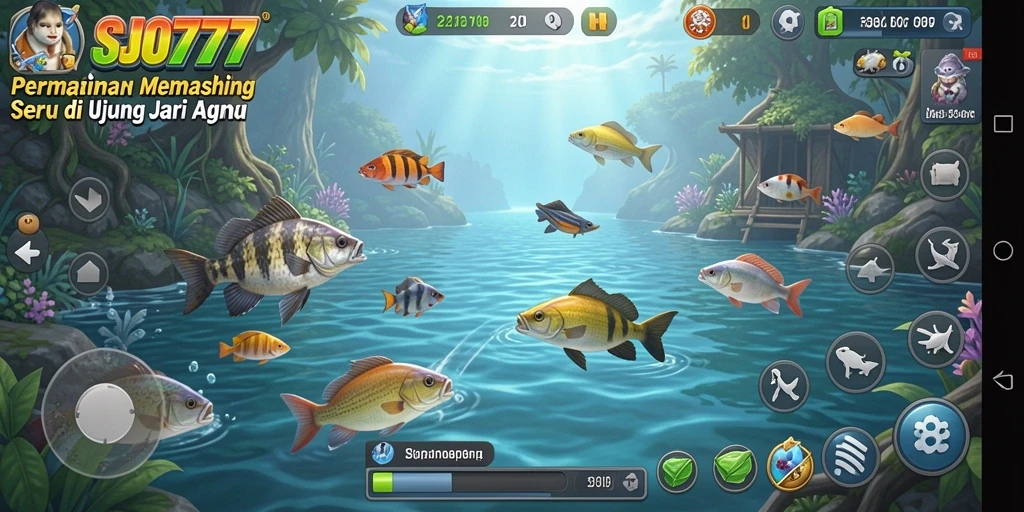 Screenshot SJO777 menampilkan pemain yang sedang menangkap ikan di danau yang indah.